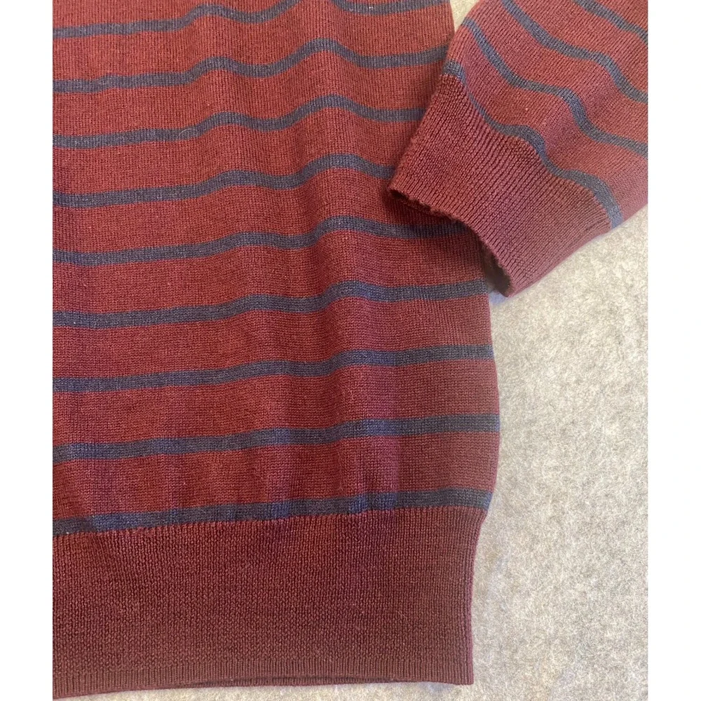 J Crew Merino Wool Burgundy Navy Striped V Neck Sweater Men M‎